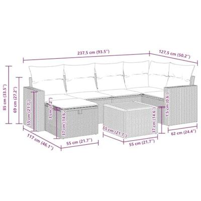 7-delige Loungeset met kussens poly rattan beige