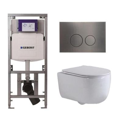 QeramiQ Dely Swirl Toiletset - 36.3x51.7cm - diepspoel - rimless - Geberit UP320 inbouwreservoir - met Burda frame - slim zitting - gunmetal bedieningsplaat - ronde knoppen - wit mat 0701131/SW706198/SW1000766/SW1026257