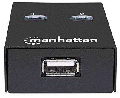 Manhattan USB-A automatische sharing switch, 2× USB-B, 480 Mbps (USB 2.0), dubbele bediening (auto-sensing of handmatig), USB-gevoed (geen externe voeding vereist), incl. 1× 1,5 m USB-A naar USB-B kabel