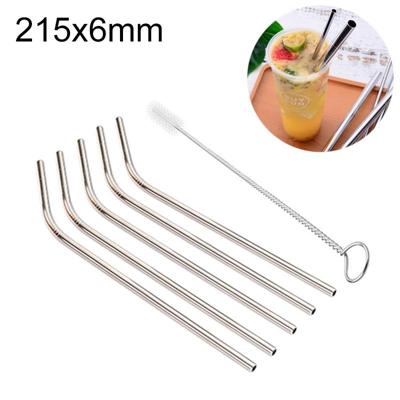5 stuks herbruikbare RVS gebogen drinken stro + Cleaner borstel set Kit 215 * 6mm (zilver)