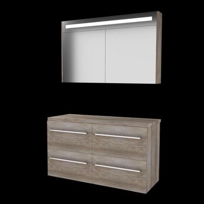 Basic-Line Premium 46 Badkamermeubelset - 120 x 46 cm - Met Grepen - 4 Lades - Wastafelblad - Spiegelkast met LED Verlichting - Scotch Oak