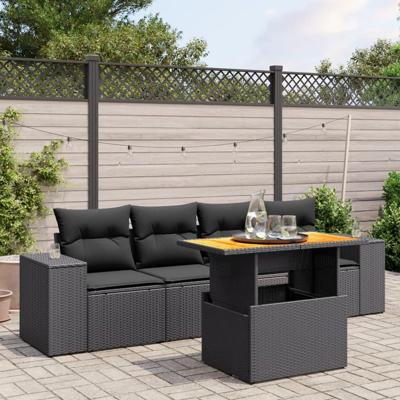 5-delige Loungeset met kussens poly rattan zwart