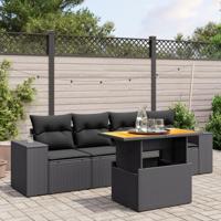 5-delige Loungeset met kussens poly rattan zwart - thumbnail
