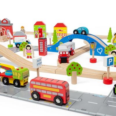 Bigjigs houten treinbaan en autobaan set, 105dlg. - thumbnail