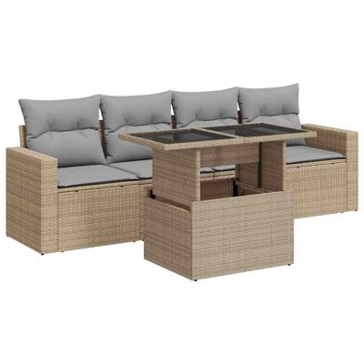 5-delige Loungeset met kussens poly rattan beige - thumbnail