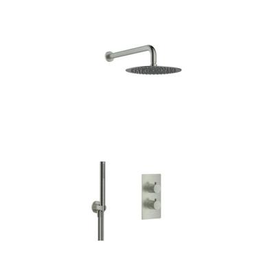 Fortifura Calvi Inbouw Regendoucheset - thermostatisch - wandarm - 30cm hoofddouche - staaf handdouche - gladde doucheslang - geborsteld Gunmetal PVD SW1139123/SW720563/SW721165/SW721170/SW766536/SW76