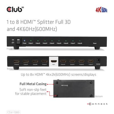 Club 3D 1 to 8 HDMI Splitter Full 3D and 4K60Hz (600MHz)