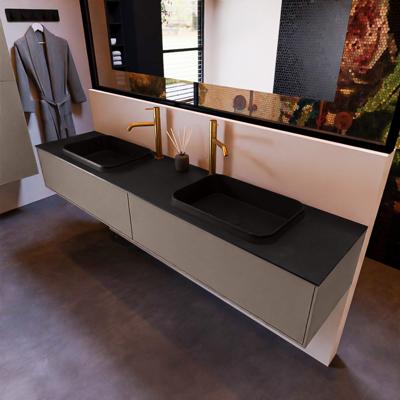 Badkamermeubelset Mondiaz Erin 200 cm met 2 Lades met RIDGE Wastafel Dubbel Urban met 2 kraangaten Greeploos Mat Smoke