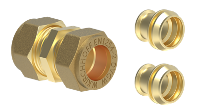 Kirchhoff Messing aansluitstuk, blank, 10 mm / incl. 2x verloopstuk 8 mm, klemfitting voor koperen buis - 989454117