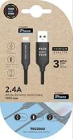 USB-kabel 2.4 tech one tech gevlochten nylon type USB Apple Micro USB lengte 1 m zwart - thumbnail