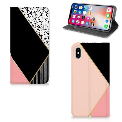Apple iPhone Xs Max Stand Case Zwart Roze Vormen Apple iPhone Xs Max Stand Case Zwart Roze Vormen