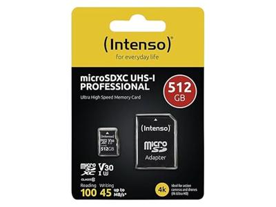 Intenso Professional miniSDXC-kaart Retail 512 GB Class 10, UHS-I U3, v30 Video Speed Class Watervast, Temperatuurbestendig