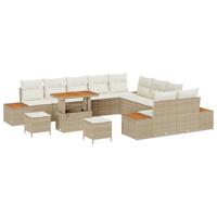 13-delige tuinsofa set met kussens in beige van poly rattan en acacia - thumbnail
