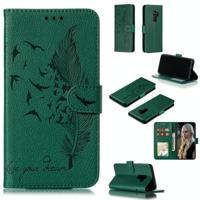 Feather patroon Litchi textuur horizontale Flip lederen draagtas met portemonnee & houder & kaartsleuven voor Galaxy S9 PLUS (groen) - thumbnail