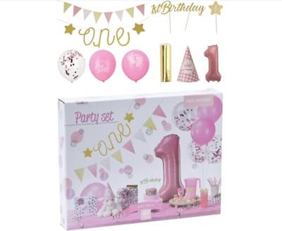 Set Feestversiering 1e Verjaardag - Roze/Meisje, 9dlg.