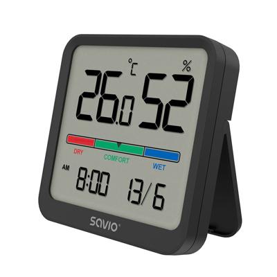 SAVIO Draadloos weerstation, temperatuur- en vochtigheidssensor, voor gebruik binnenshuis, LCD-scherm, klok, datum, handgreep met magneet, CT-01/B Zwart