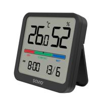 SAVIO Draadloos weerstation, temperatuur- en vochtigheidssensor, voor gebruik binnenshuis, LCD-scherm, klok, datum, handgreep met magneet, CT-01/B Zwart - thumbnail