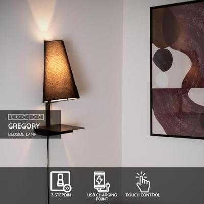 Lucide GREGORY - Bedlamp / Wandlamp - 1xE27 - Met USB oplaadpunt - Zwart
