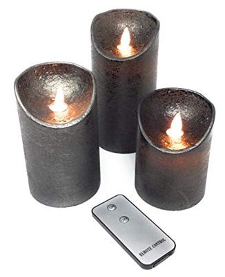 3ST KAARS ANTRACIET WAX RUSTIEK BEWEGENDE VLAM 7,5X10/12,5/15CM AFSTANDSBEDIENING 3X3AAA - Annas collection - thumbnail