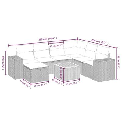 8-delige Loungeset met kussens poly rattan zwart