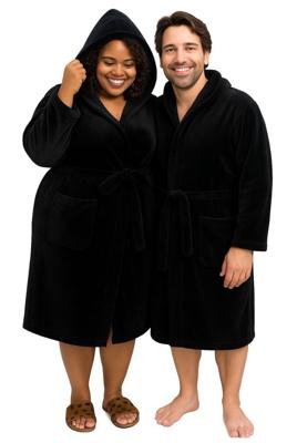 Zwarte badjas met capuchon - grote maten - fleece-3Xl/4XL
