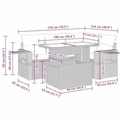 5-delige Loungeset met kussens poly rattan lichtgrijs