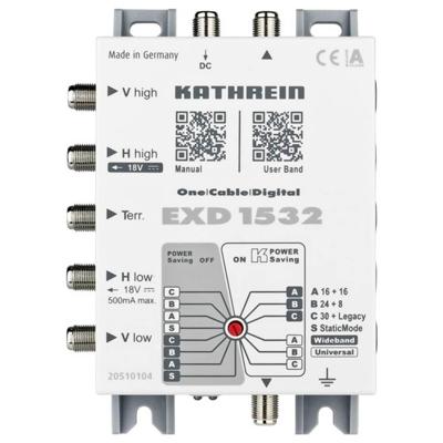 Kathrein EXD 1532 Satelliet multiswitch Ingangen (satelliet): 5 (4 satelliet / 1 terrestrisch) Aantal gebruikers: 32 Standby-functie Kathrein EXD 1532 Satelliet multiswitch Ingangen (satelliet): 5 (4 satelliet / 1 terrestrisch) Aantal gebruikers: 32 Standby-functie