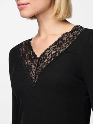Dames shirt Kant lange mouw - Siri - Zwart Viscose dames ondershirt lange mouw