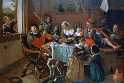 Schilderij - Vrolijk huisgezin, Jan Steen, Museumstuk, wij gebruiken geen filters bij de ouder meesters - 90x60cm