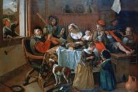 Schilderij - Vrolijk huisgezin, Jan Steen, Museumstuk, wij gebruiken geen filters bij de ouder meesters - 90x60cm - thumbnail