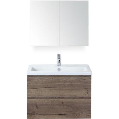 Vogue Badmeubelset 80 cm - Greeplijst in Kleur - Tabacco - Keramische Wastafel Wit 1 Kraangat met Spiegelkast