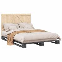 Bedframe met hoofdbord massief grenenhout grijs 140x200 cm - thumbnail