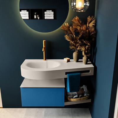 MONDIAZ RIVA 100cm badmeubel onderkast / planchet kleur Jeans met 1 lade. Wastafel DULCET links 1 kraangat kleur Linen.