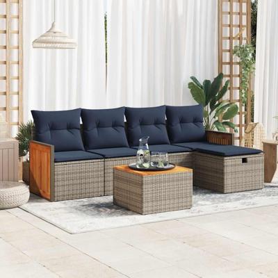 6-delige Loungeset met kussens poly rattan grijs