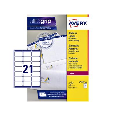 Avery L7160, Adresetiketten, Laser, Ultragrip, wit, 100 vellen, 21 per vel, 63,5 x 38,1 mm Avery L7160, Adresetiketten, Laser, Ultragrip, wit, 100 vellen, 21 per vel, 63,5 x 38,1 mm