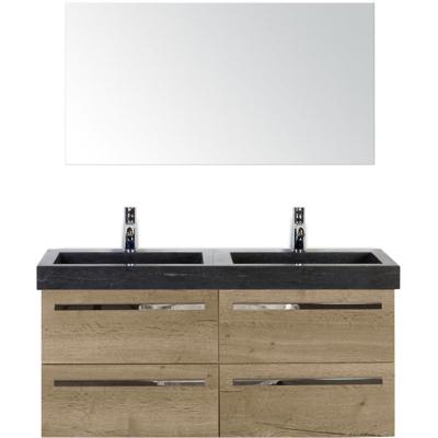 Seville Badmeubelset 120 cm - 4 Laden Natuur Eiken - Wastafel Hardsteen Wit Lucca met Spiegel