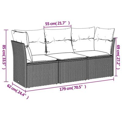 3-delige Loungeset met kussens poly rattan grijs - thumbnail