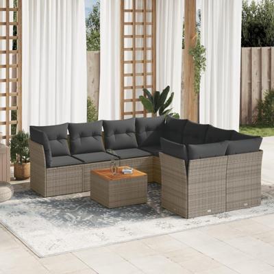 9-delige Loungeset met kussens poly rattan grijs