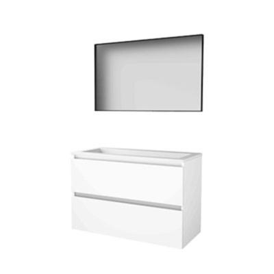 Basic-Line Framed 46 Badkamermeubelset - 100 x 46 cm - Greeploos - 2 Lades - Acryl Wastafel - Zonder Kraangat - Spiegel met Zwart Aluminium Frame - Ice White