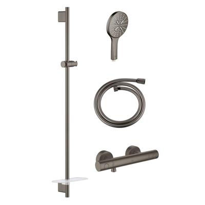 GROHE Grohtherm 1000 Smartactive Glijstangset - 90cm - met zeepschaal - thermostatische douchekraan - ronde handdouche - gladde slang - 125cm - geborsteld hard graphite sw98744/sw98821/sw472324/sw472379/