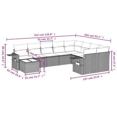 10-delige Loungeset met kussens poly rattan zwart - thumbnail