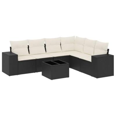 7-delige Loungeset met kussens poly rattan zwart