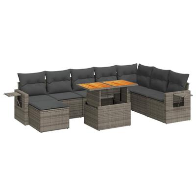 9-delige Loungeset met kussens poly rattan grijs