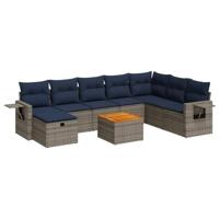 9-delige Loungeset met kussens poly rattan grijs - thumbnail