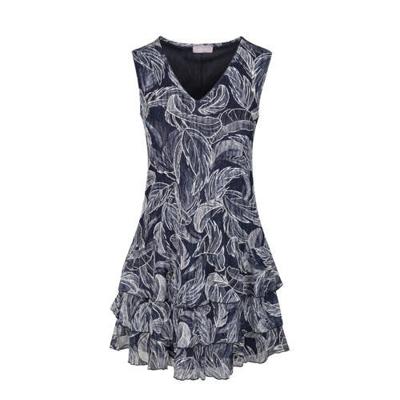 Cassis jurk met bladprint en volant donkerblauw