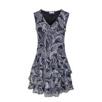 Cassis jurk met bladprint en volant donkerblauw - thumbnail