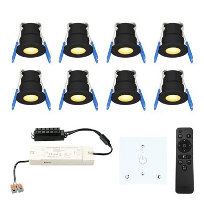 Set van 8 Milano LED Mini Inbouwspots met trafo en muurdimmer - 12 Volt 3 Watt 200 lumen - Dimbaar - Plat 34mm - 2700K - IP65 waterdicht - Zwart
