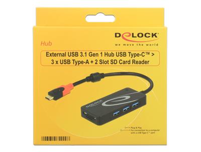 DeLOCK Externe USB 3.1 Gen 1 Hub USB Type-C > 3x USB Type-A + 2 Slot SD kaartlezer usb-hub