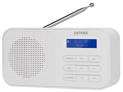 Denver DAB-42WHITE digitale radio DAB+ en FM-radio, klok, alarm en wekker, werkt op batterijen en werkt op stroom, volume 1 W, houten afwerking.