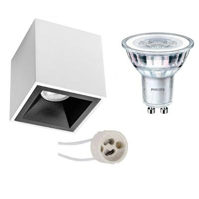 Opbouwspot Set - Pragmi Cliron Pro - GU10 Fitting - Opbouw Vierkant - Mat Wit/Zwart - Verdiept - 90mm - Philips - CorePro 827 36D - 4W - Zeer Warm Wit 2700K - Dimbaar